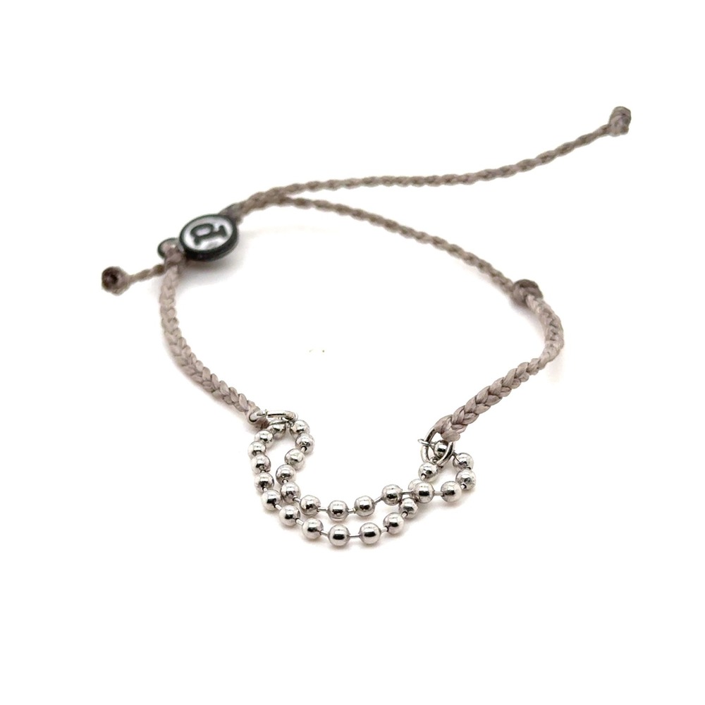 Pura Vida Grey Braided Cord Bracelet Double Silver Ball Chain Adjustable Boho